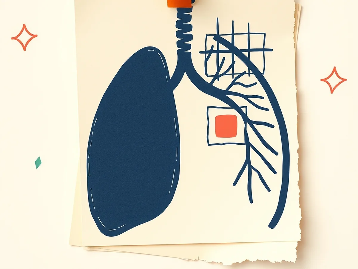 Torn paper lung silhouette overlaid with a doodled scanning grid and magnifying glass highlighting a coral square, showing how AI reads a medical scan