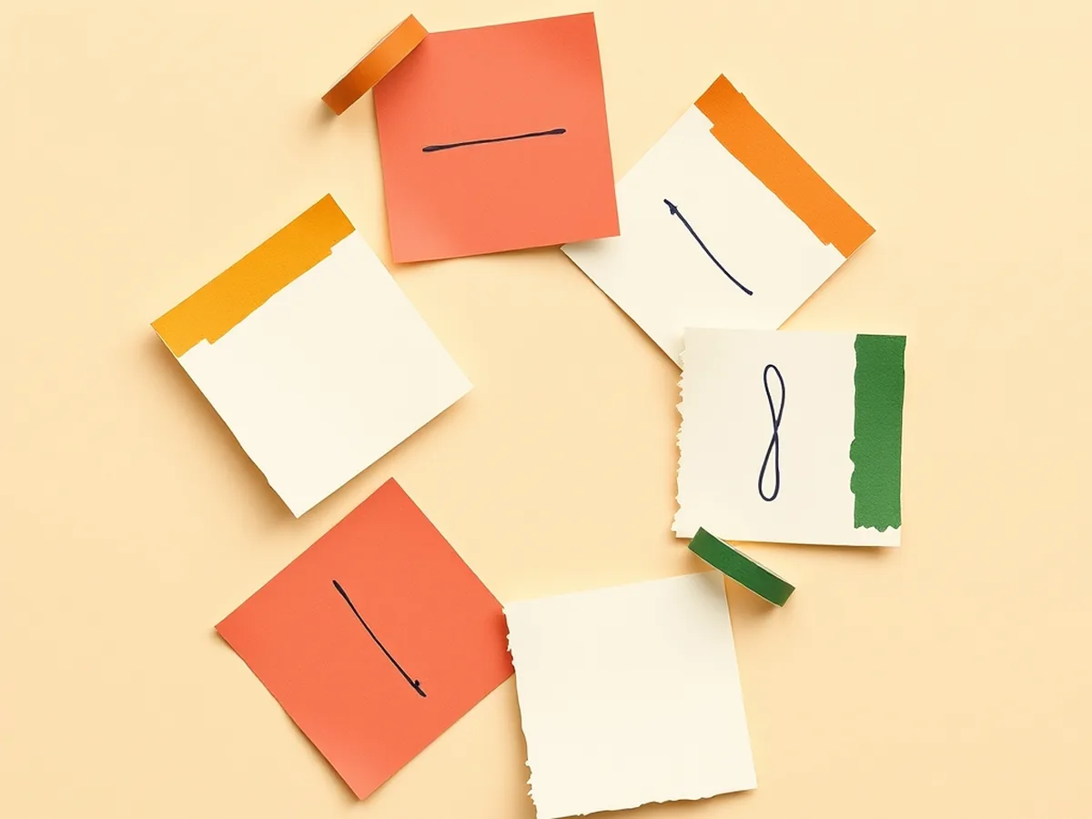 Five colored memo slips in a circular ring with arrow doodles, illustrating the co-creation process for a class AI honor pledge