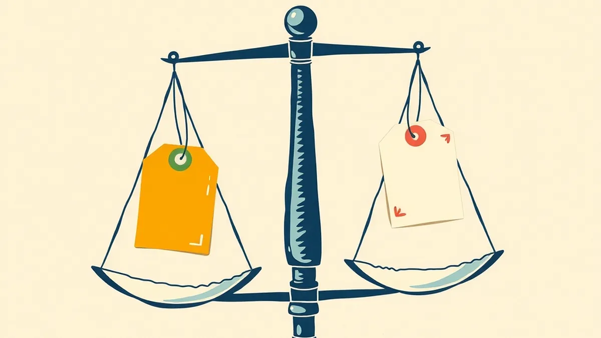 Balance scale with two unequal blank price tags hanging from its pans, illustrating how AI in economics shifts market pricing for middle school
