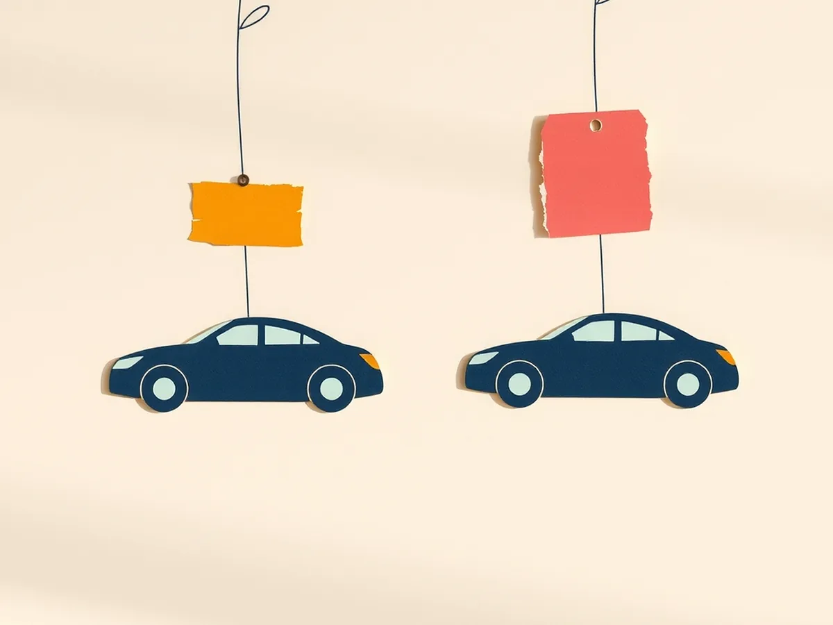 Two navy car shapes with unequal blank price tags and raindrops, visualizing AI surge pricing