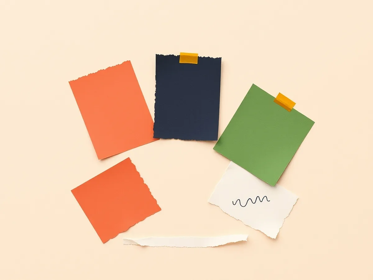 Five color-coded torn paper station cards in a loose arc with abstract icon doodles, representing a grade 6 gallery walk activity