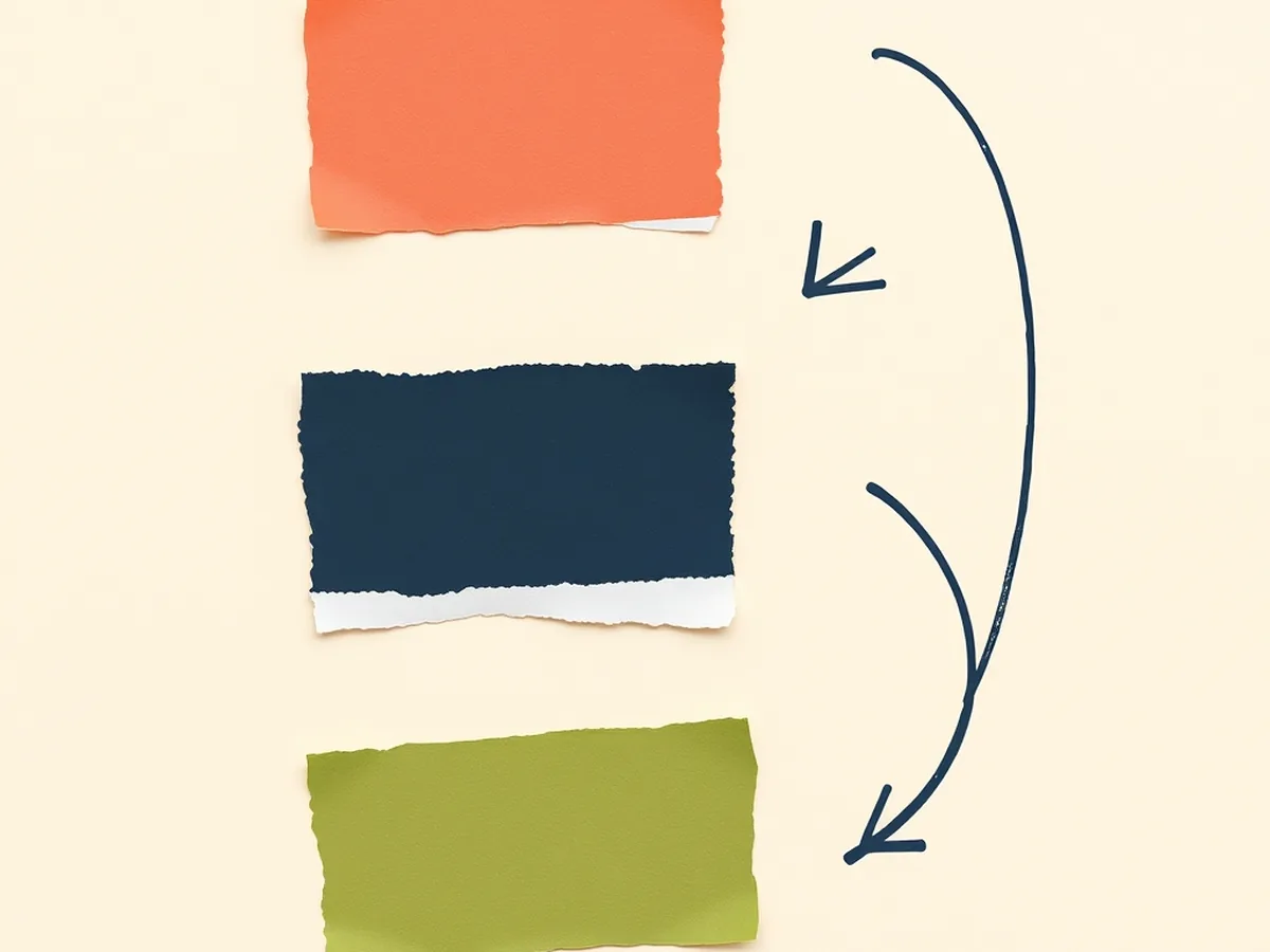 Vertical stack of torn paper rectangles in coral, navy and green with a rising arrow doodle, representing a sorted social media feed algorithm