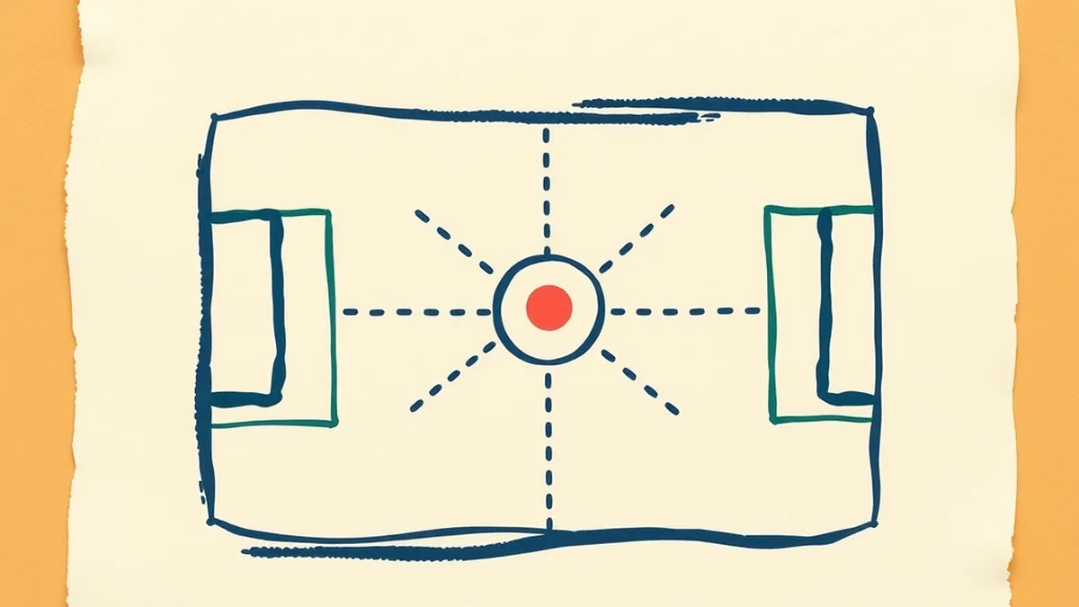 Paper collage pitch outline with geometric tracking-dot grid converging on a coral ball marker, illustrating AI in sports lesson plan for middle school