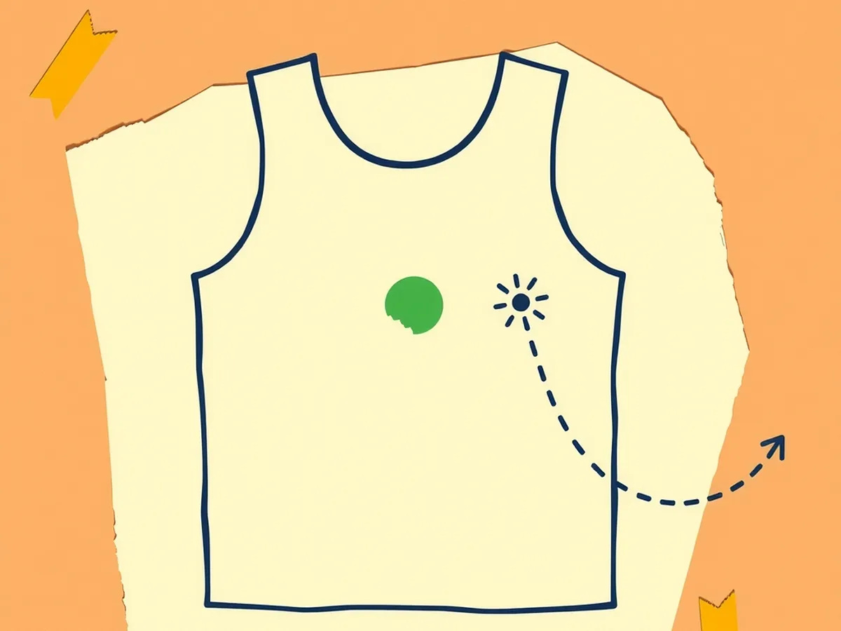 Paper vest outline with a green sensor node and dashed motion-path arc, representing GPS wearable tracking in an AI in sports lesson
