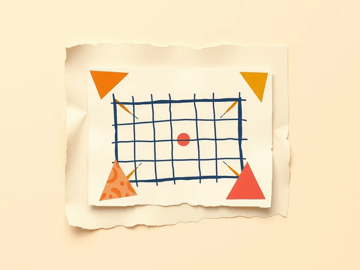 Paper field-grid card with coral corner triangles and dashed sightlines to a center ball, evoking the unplugged tracking camera role-play