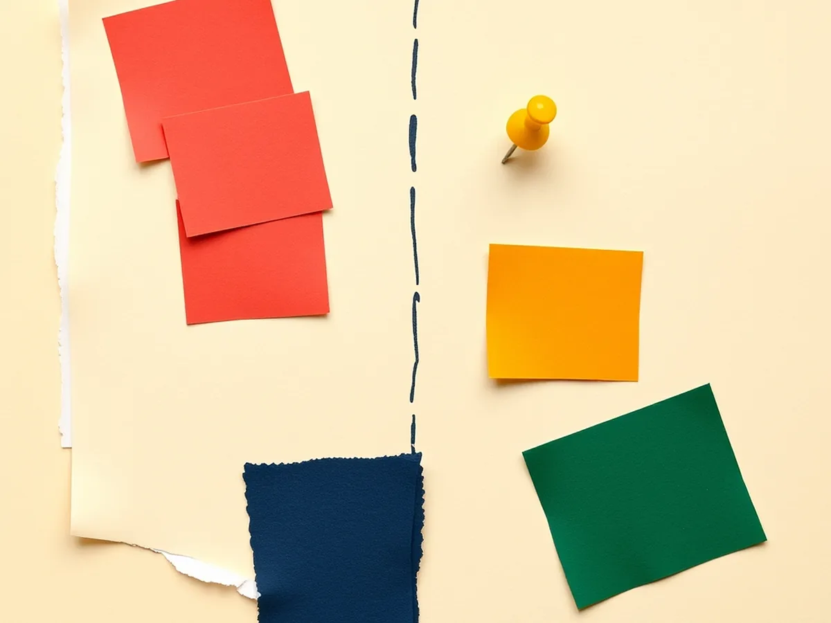 Paper collage card with two clusters of coral and green torn-paper cards sorted into categories, illustrating an unplugged AI classification activity