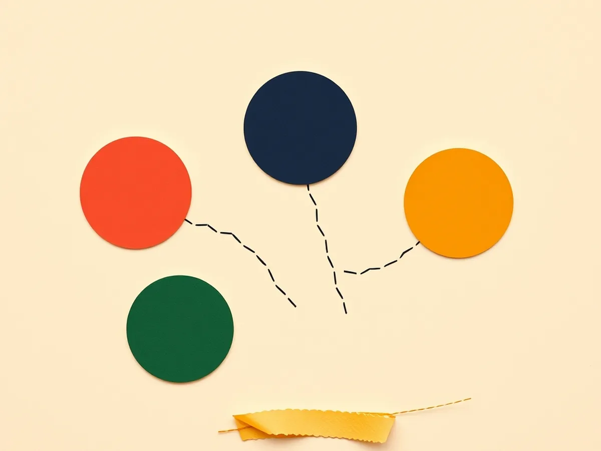 Five color-coded push-pin dots scattered on cream paper surface, representing the five no-tech AI station activity areas for middle school