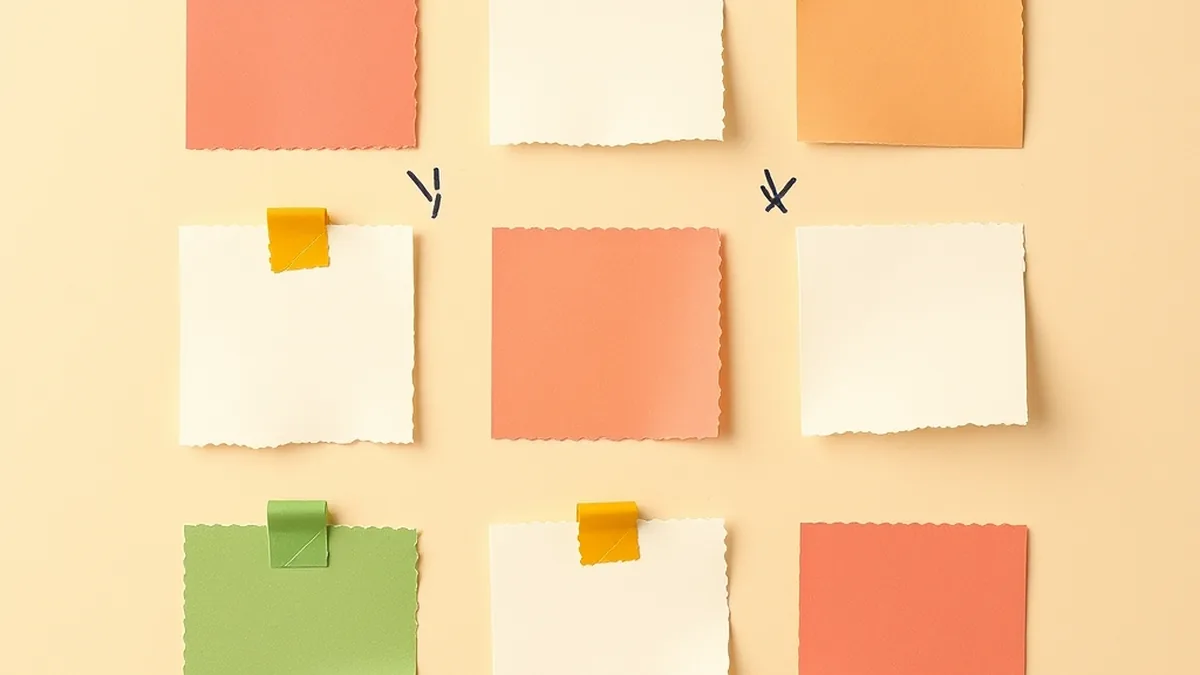 A nine-tile 3x3 paper-collage grid in coral, mustard, green and cream, representing an AI literacy choice board for grades 6-8