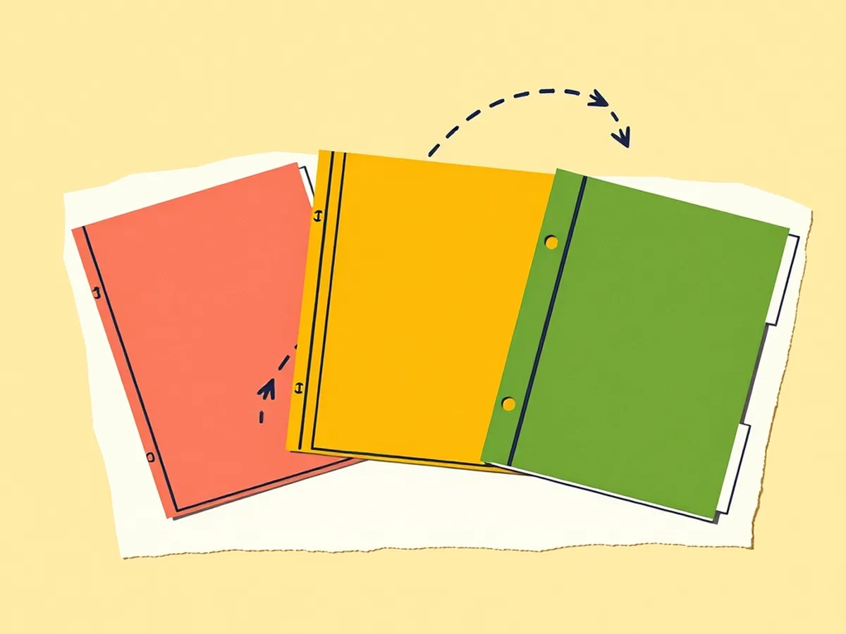 Three color-coded binder outlines linked by a curved dashed arrow on a cream surface, representing cross-curricular AI literacy integration across subject areas