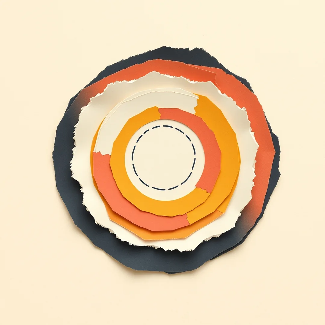 Concentric torn-paper rings in navy, coral, mustard, and green forming an abstract standards alignment seal on a cream background