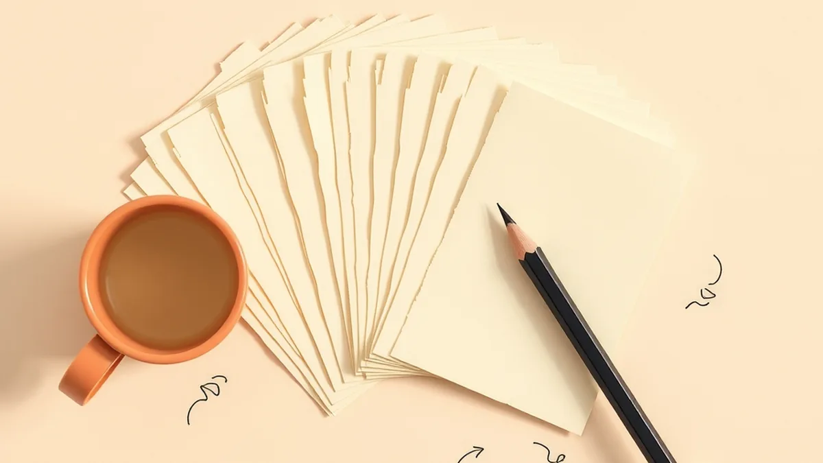 Paper collage of fanned exit-ticket slips beside a coral mug and navy pencil on a cream desk, representing AI literacy exit tickets for middle school