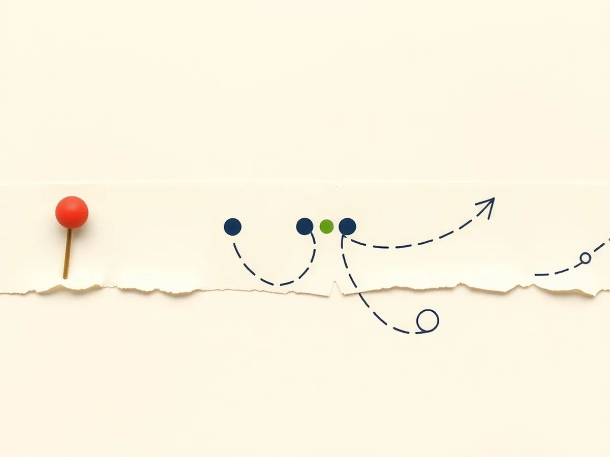 Illustrated cream paper band with three dot-cluster moments joined by a curved arrow, representing the start, middle, and exit points of a 45-minute lesson