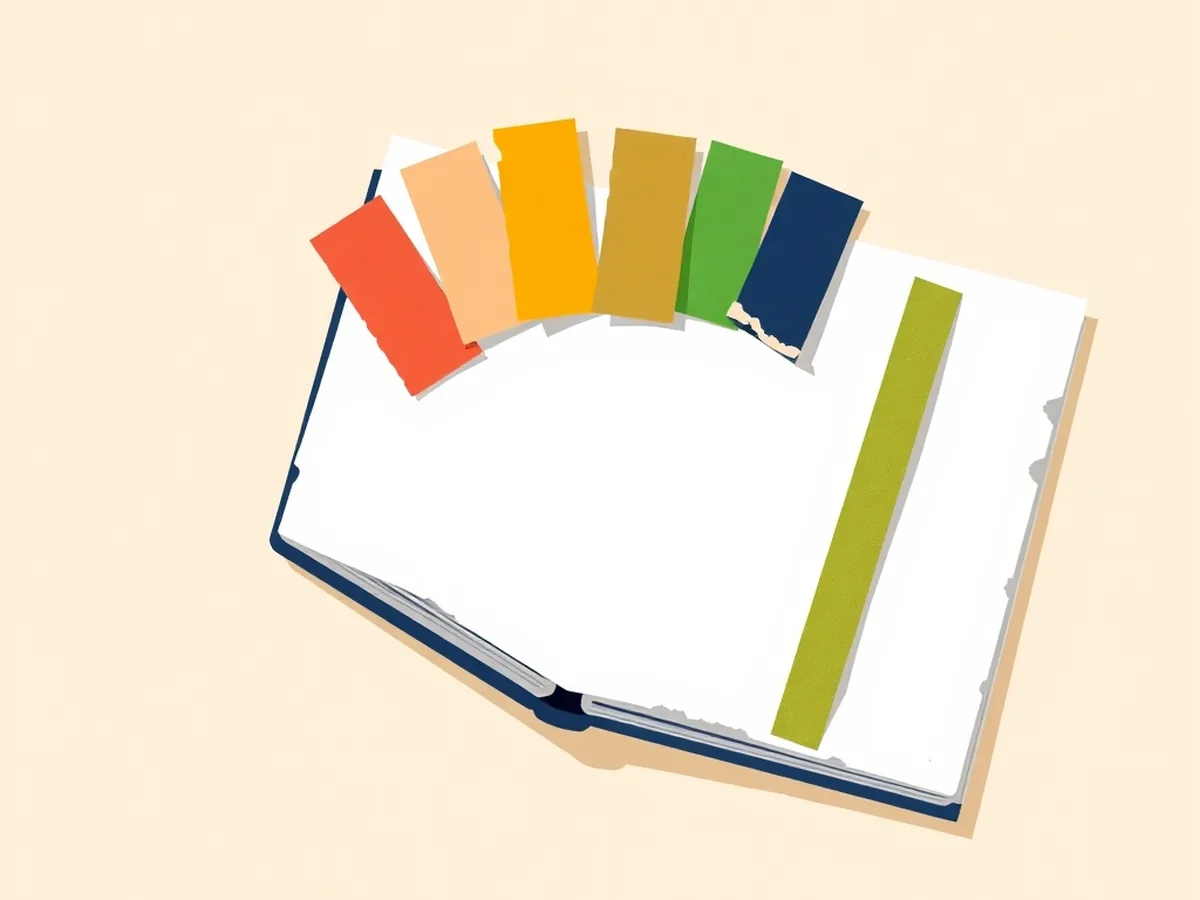 Open binder with five color-coded torn-paper tabs fanning out, illustrating the five quiz bowl card categories on a cream desktop