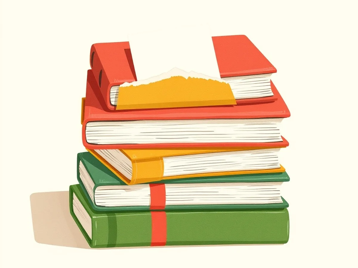 Three stacked books in coral, mustard, and green with torn-paper activity cards tucked between pages, showing cross-subject classroom game pairings