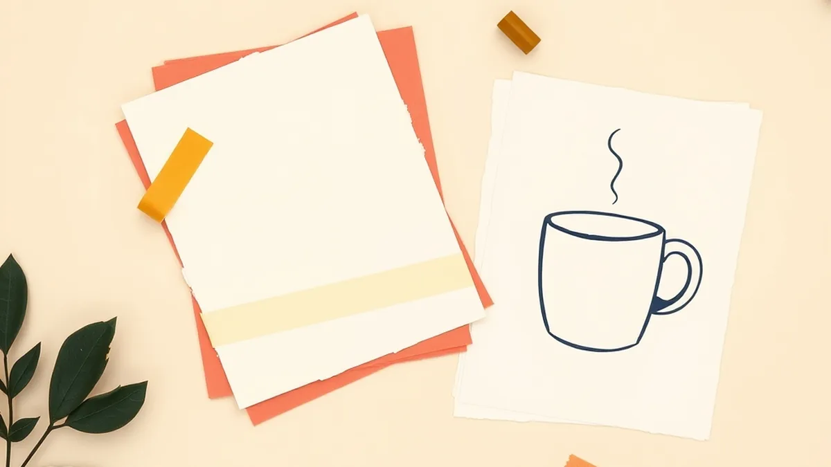 Overhead paper-collage teacher planning desk with fanned blank cards, mug, and plant, illustrating AI literacy PD session preparation for teachers