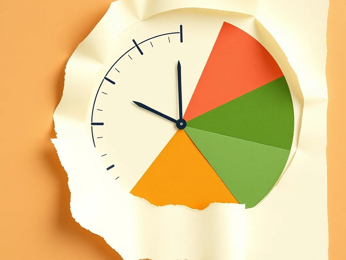 Clock face divided into six colored paper wedges representing the timed blocks of a 90-minute AI literacy PD agenda