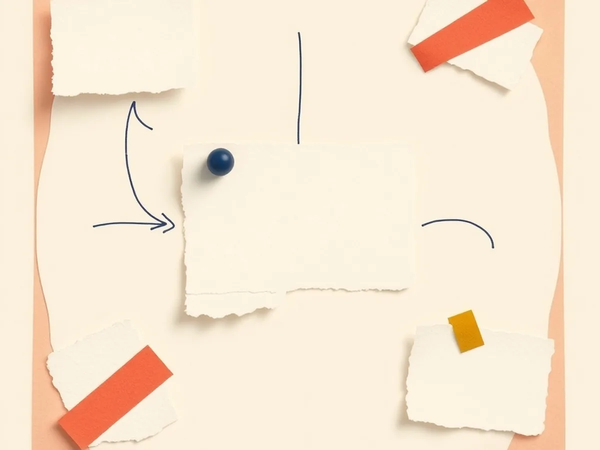 Three torn-paper cards connected by coral thread lines to a central node card, illustrating AI literacy PD standards crosswalk and alignment