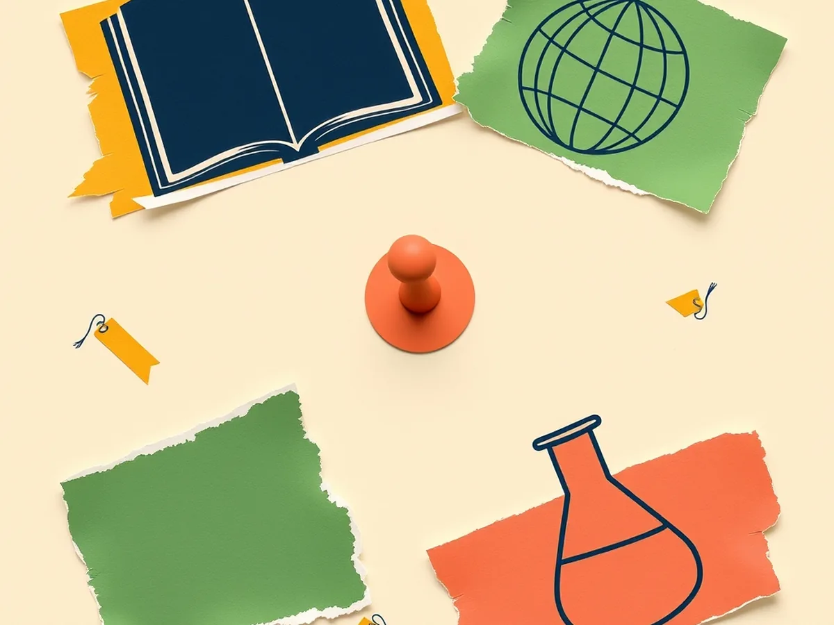 Book, globe, and beaker paper-collage symbols around a coral node, showing AI literacy PD connections across ELA, social studies, and science