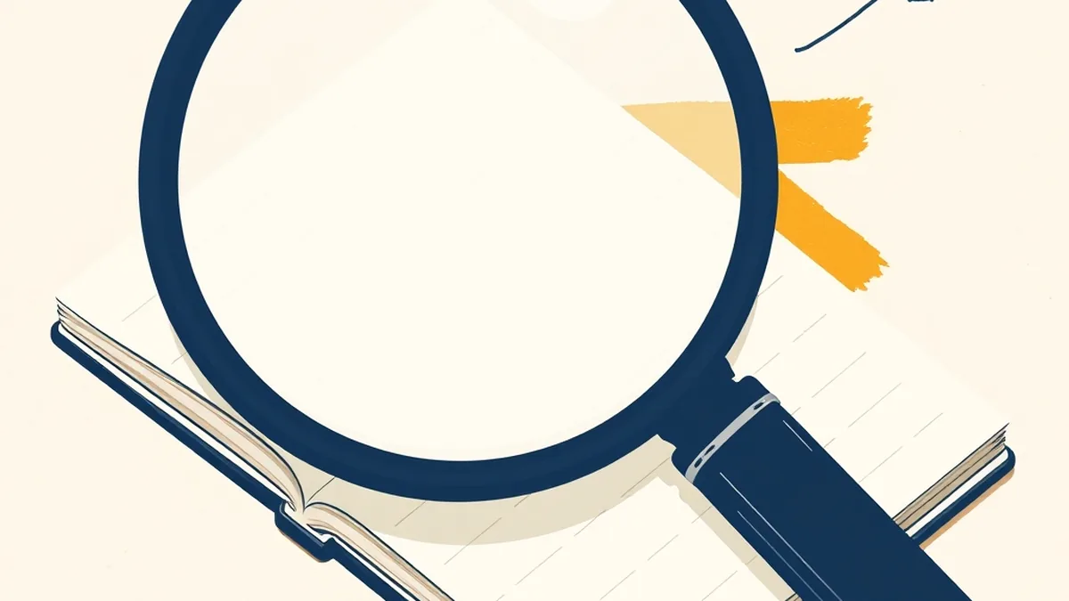 Paper-collage magnifying glass over a blank notebook, illustrating an AI math lesson plan grade 7 that examines thinking instead of copying answers