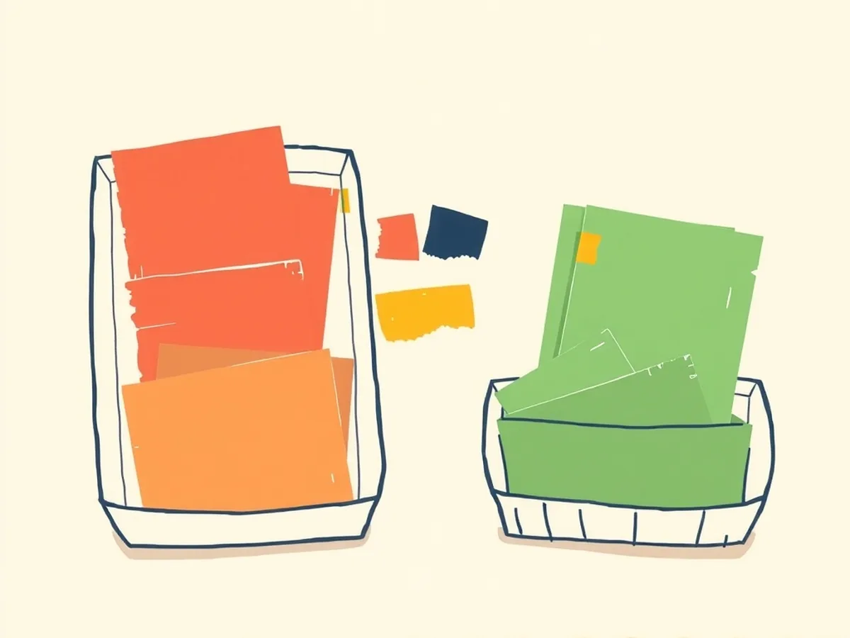 Cut-paper sorting scene with two basket trays and floating card shapes in coral and green, illustrating the design of tasks AI cannot shortcut