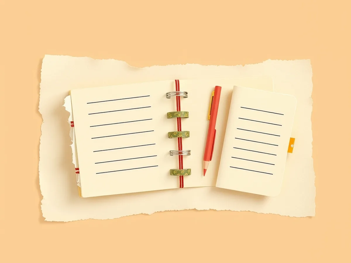 Overhead view of two open notebooks on a warm cream desk with arrow doodles pointing inward, representing a parent-teacher meeting about AI