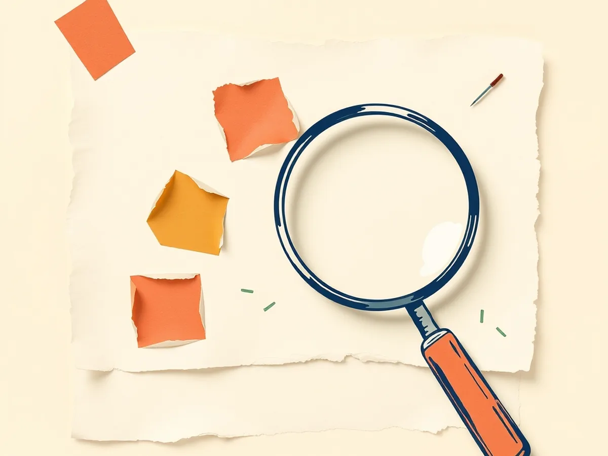 Aged torn-paper document with jagged void patches under a magnifying glass doodle, evoking bias and omission detection in AI primary source analysis