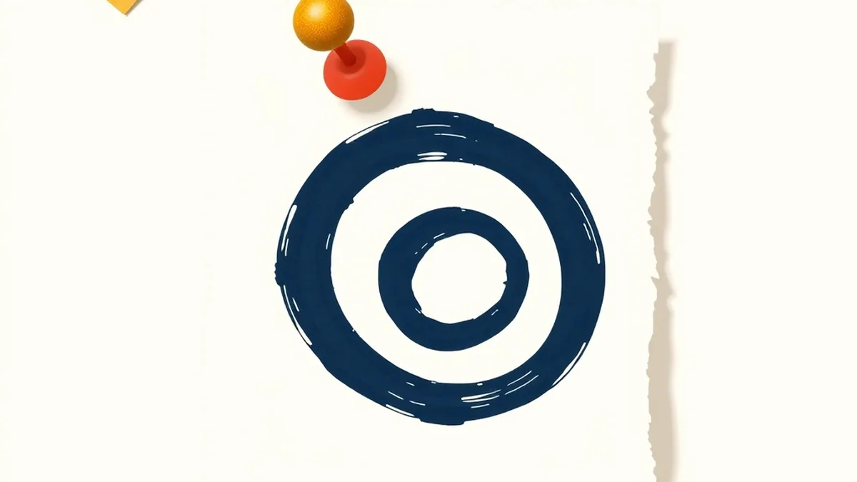 Concentric navy ink circles on a torn cream paper card with a coral push-pin — inquiry metaphor for ai project based learning middle school
