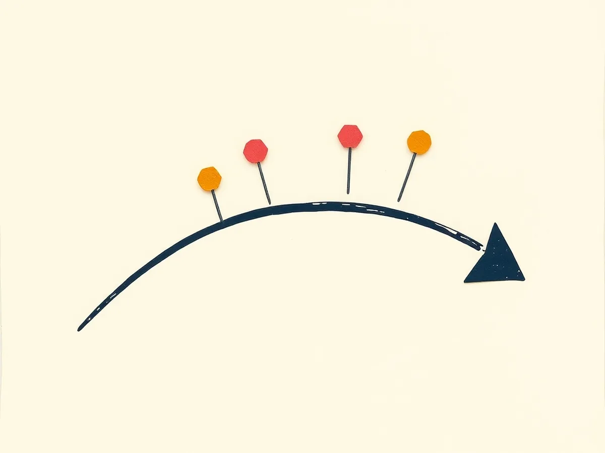 Curved navy arrow with five coral dots and mustard icon scraps above each — five-phase PBL progression for a week-long AI unit