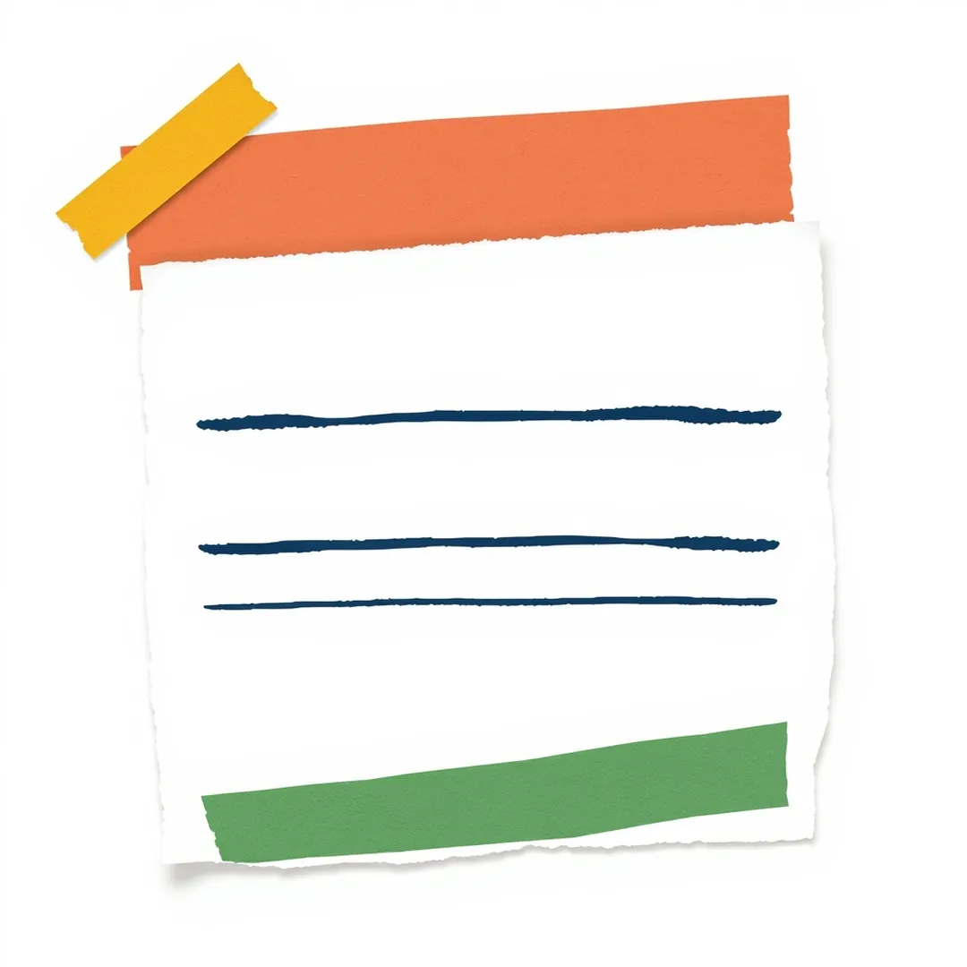 Single torn-paper formula card divided into four color-band zones in coral mustard green and cream showing fill-in-the-blank structure