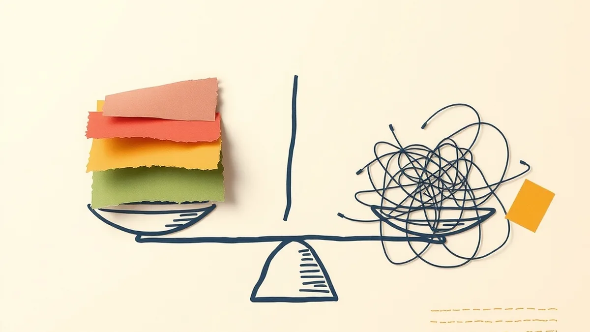Paper collage balance scale with three colored torn-paper scraps on one pan, representing the global AI regulation debate in a high school civics lesson
