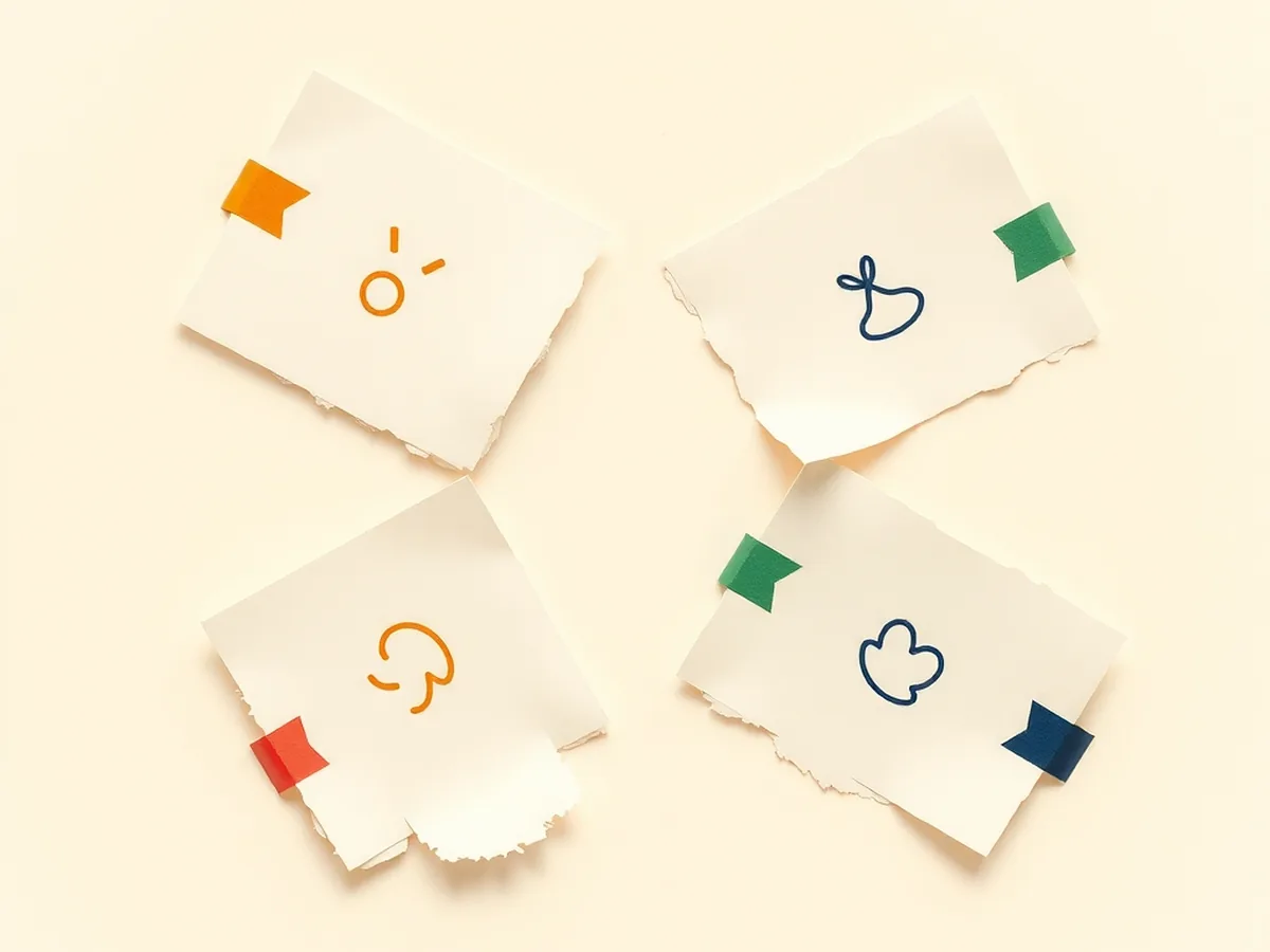 Four torn scraps in a circle, each with a simple doodle, standing for four debate roles in an AI regulation lesson