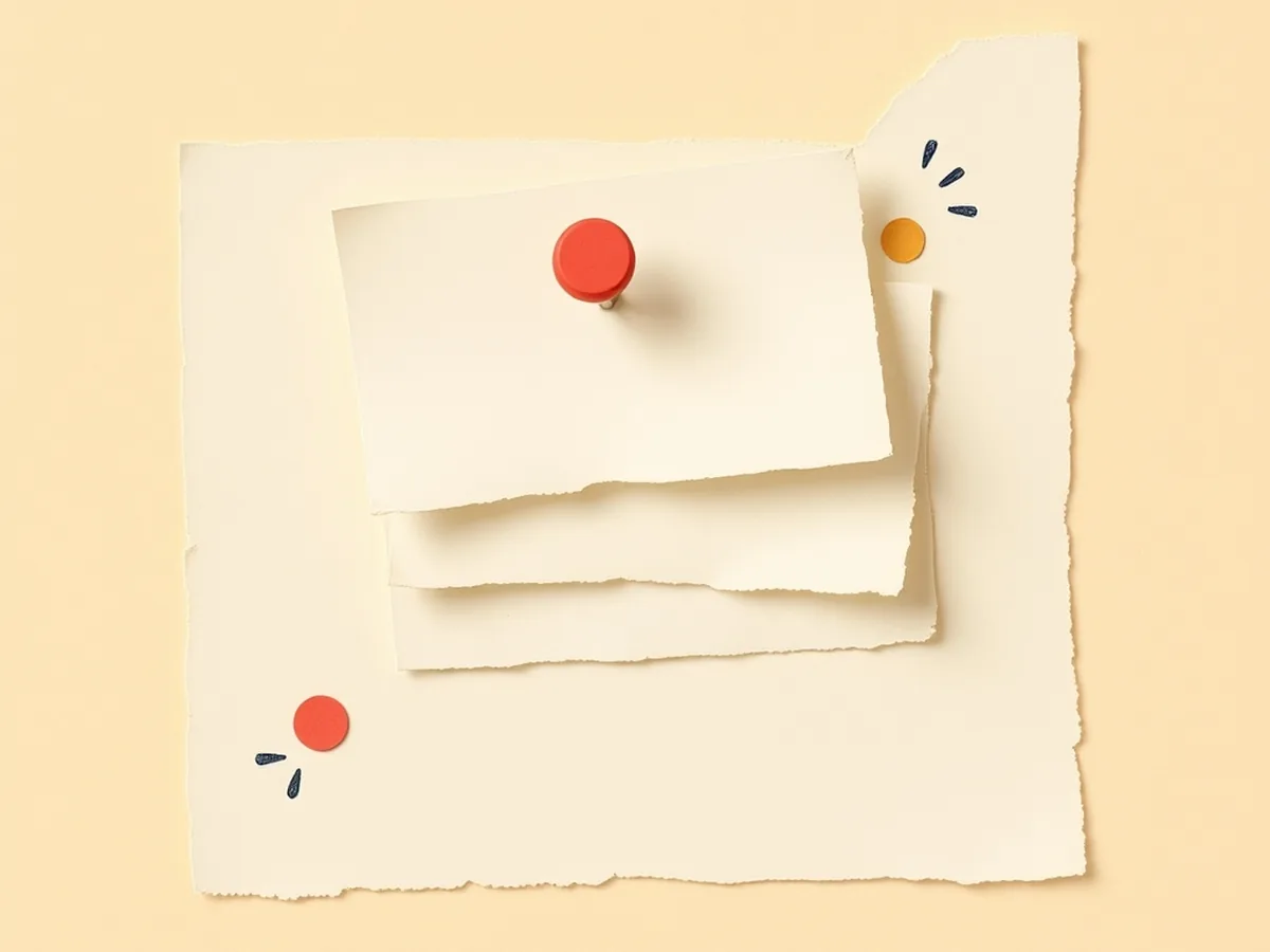 Layered stack of torn paper scraps with coral push-pin and dashed revision marks, representing process documentation for AI-resistant assessment
