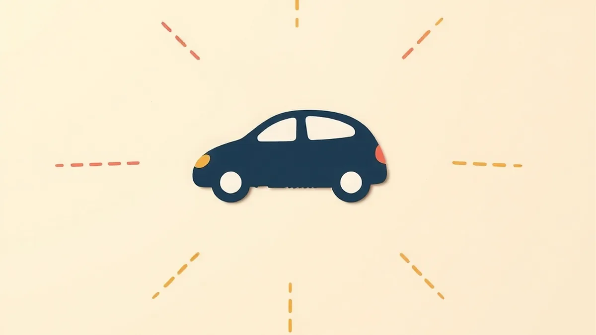 Paper collage silhouette of a self-driving car with radiating coral scan arcs on cream paper, symbolizing AI sensor perception for a middle school lesson
