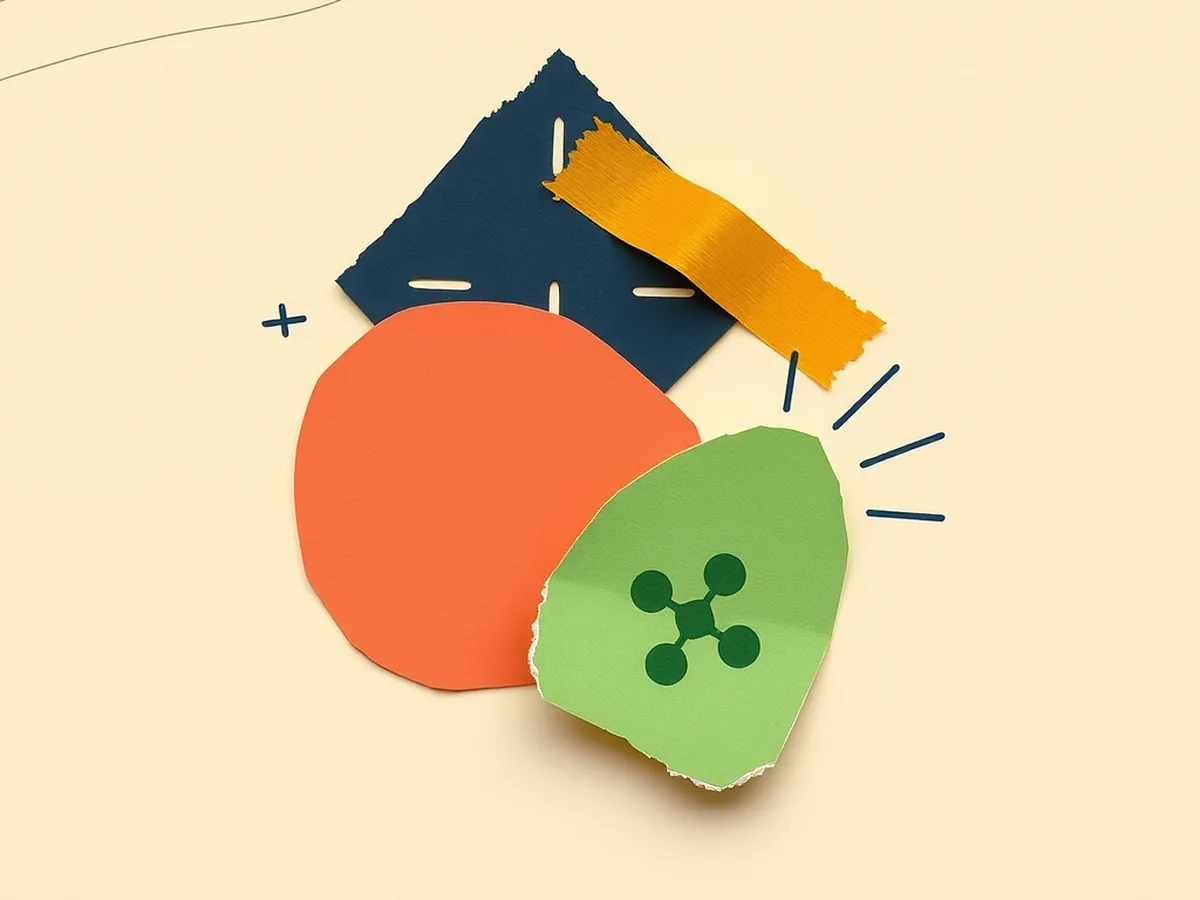 Three overlapping torn paper shapes in coral, navy, and green representing camera, radar, and LiDAR sensor fusion in a self-driving car lesson