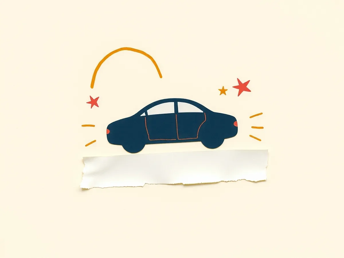 Abstract paper car with coral scan arcs stopping at a torn paper obstruction strip, representing an AI edge-case failure in a self-driving car activity