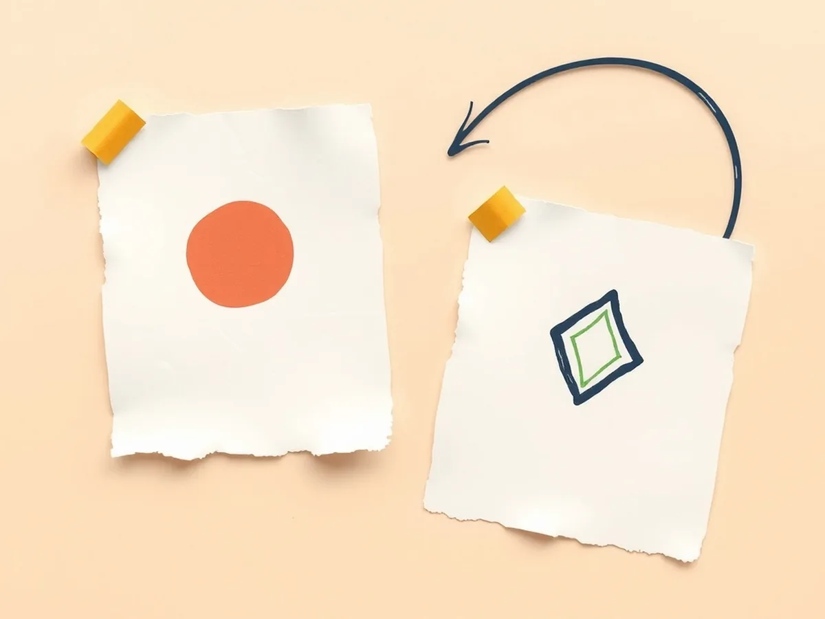 Two torn cream paper scenario cards connected by a navy decision arrow on a warm paper desktop, representing the unplugged self-driving car lesson simulation