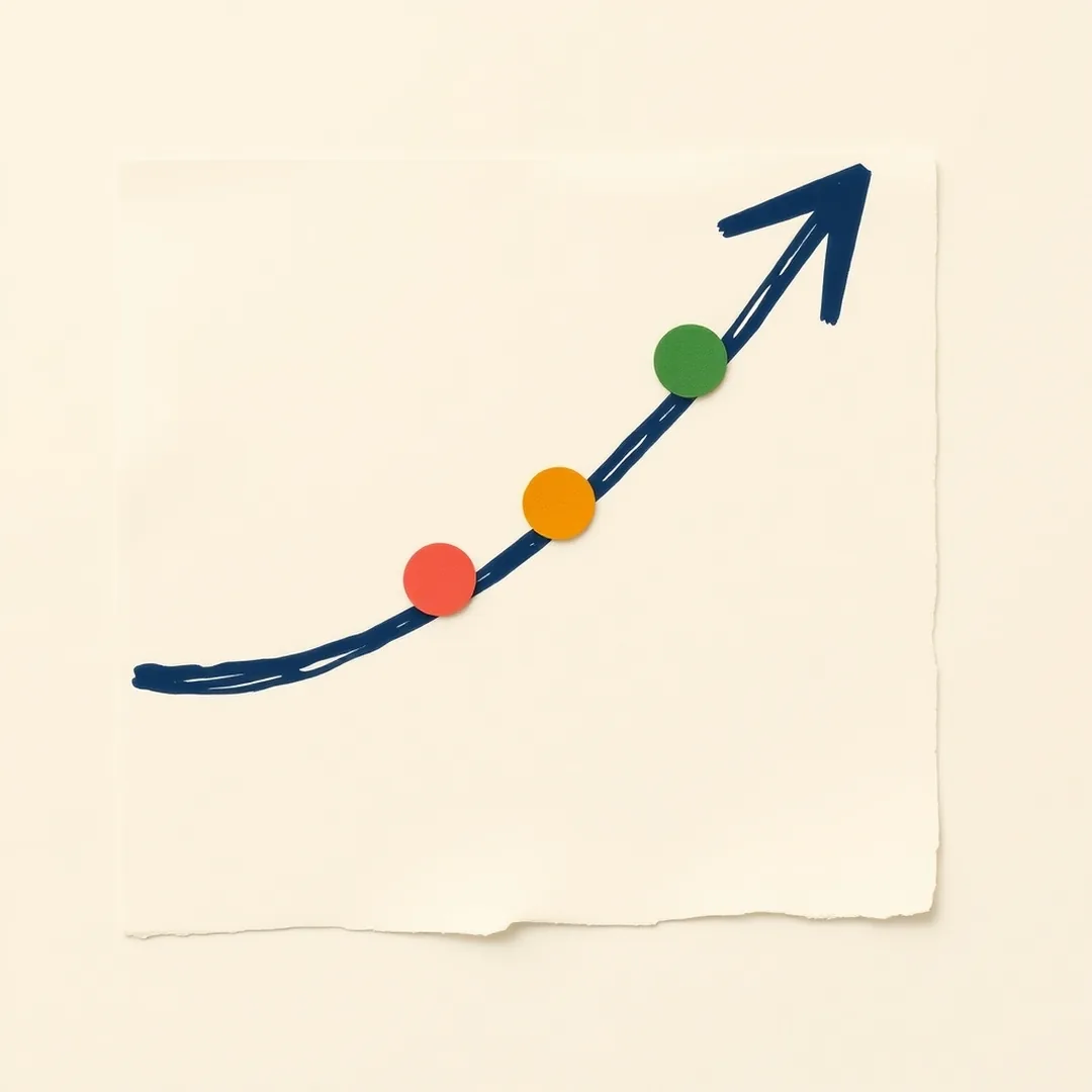 Bold navy curved arrow rising with coral, mustard, green dots along its path — grade 6, 7, 8 progression