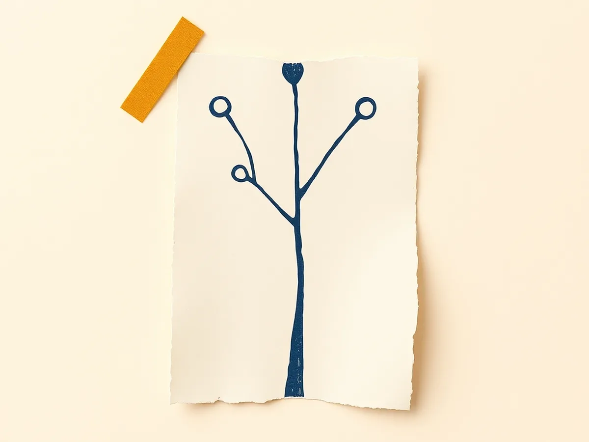 Torn cream card with a navy branching doodle into three color dots — lesson-to-standards crosswalk illustration