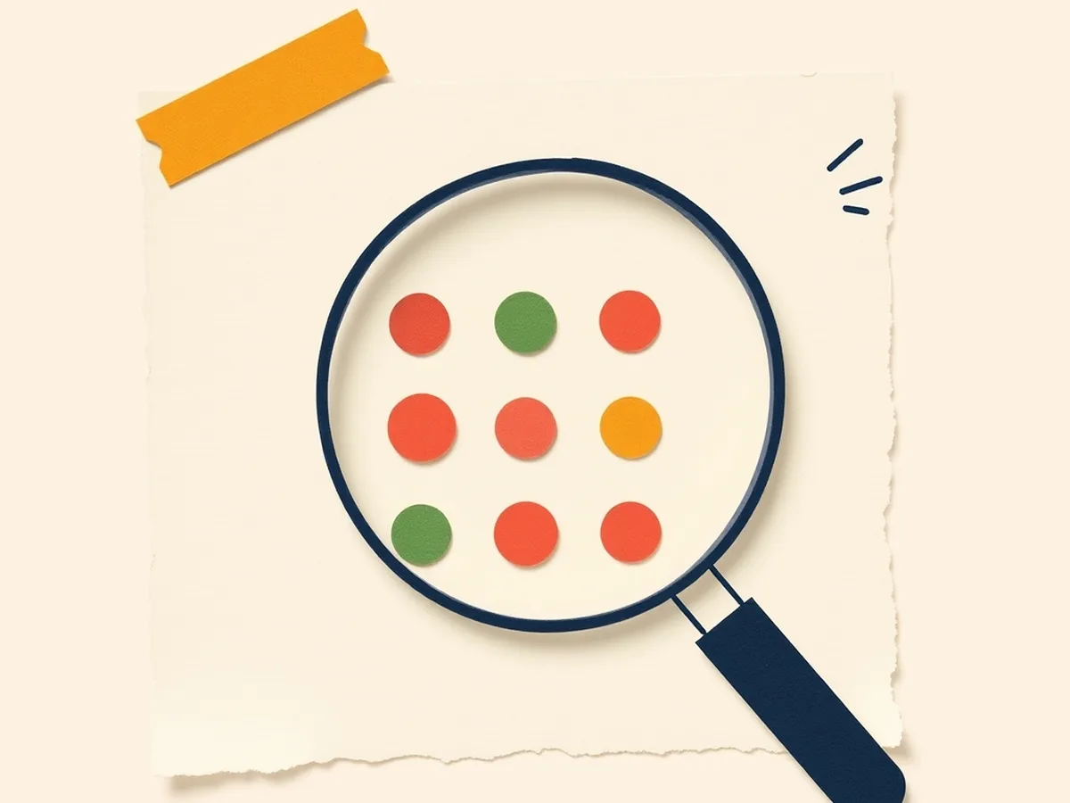 Magnifying glass hovering over a grid of coral and navy paper dots on a cream card, representing the AI source evaluation lab activity