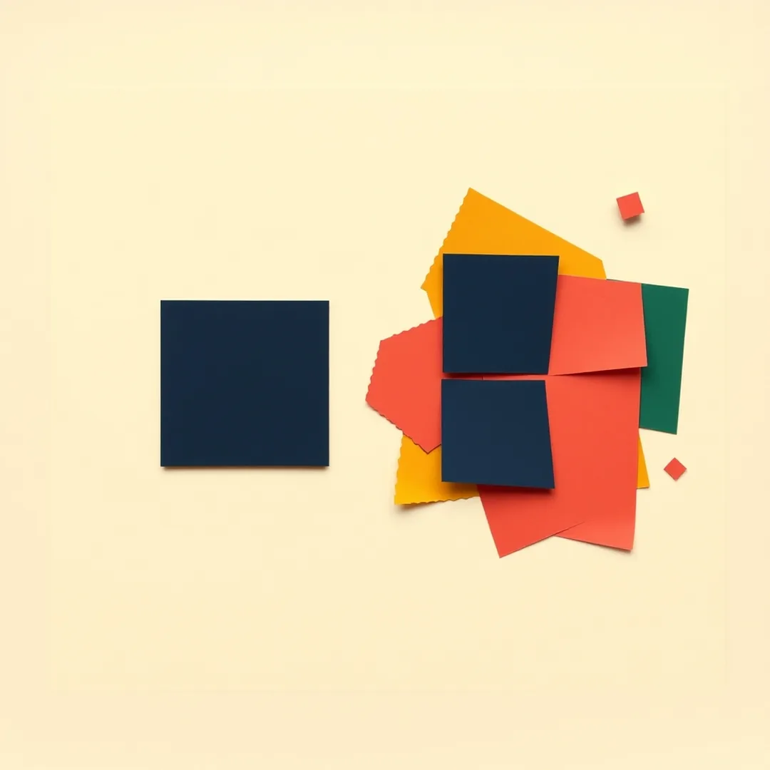 Two abstract paper shapes side by side — a neat navy square and a fragmented coral square showing AI misconceptions versus reality