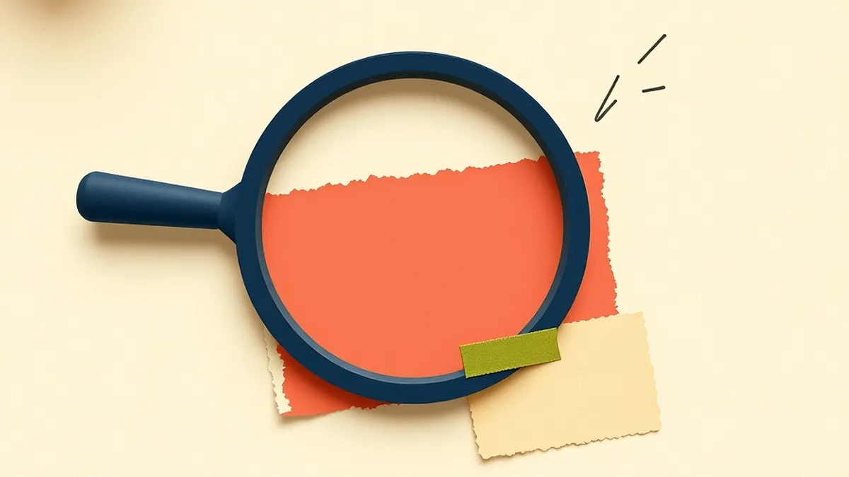 Navy magnifying glass hovering over coral and cream torn paper scraps on mustard tape — AI vs human writing activity grade 7 spot-the-bot metaphor