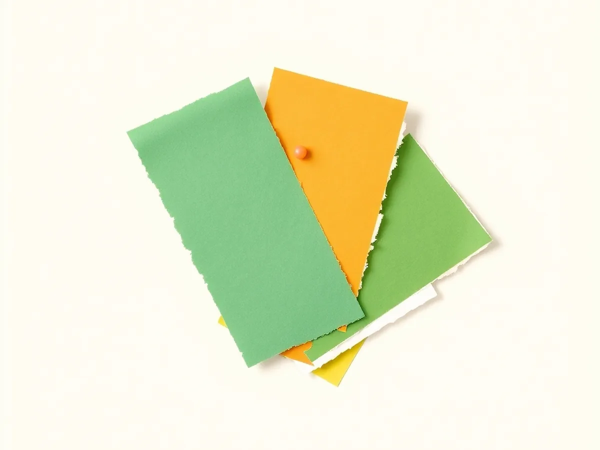Three torn paper strips in coral, mustard, and green fanned in a loose pile, push-pinned at center — standards crosswalk visual