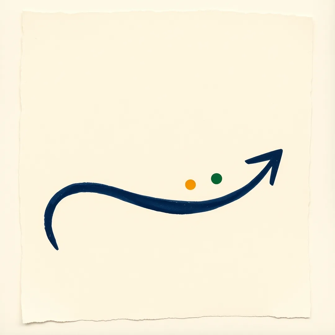 Bold curved arrow doodle looping through three dot stops on cream paper representing a repeating daily practice cycle