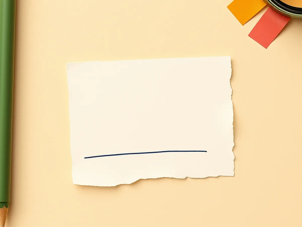 Torn cream vocabulary card anchored with mustard washi tape beside a pencil on a cream paper desktop