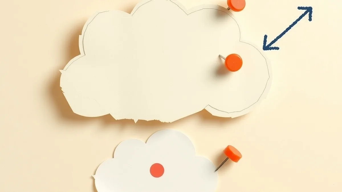 Paper collage cloud shape with a curved navy arrow pointing to a coral raindrop, illustrating an AI weather prediction lesson for middle school