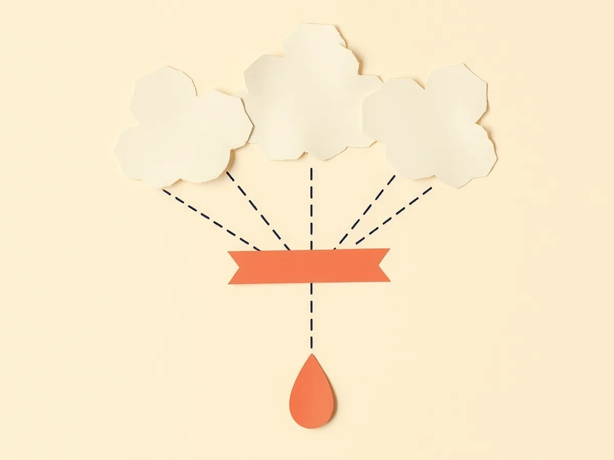 Five small paper cloud puffs fanning out above a single coral raindrop, illustrating an AI ensemble weather forecast pipeline