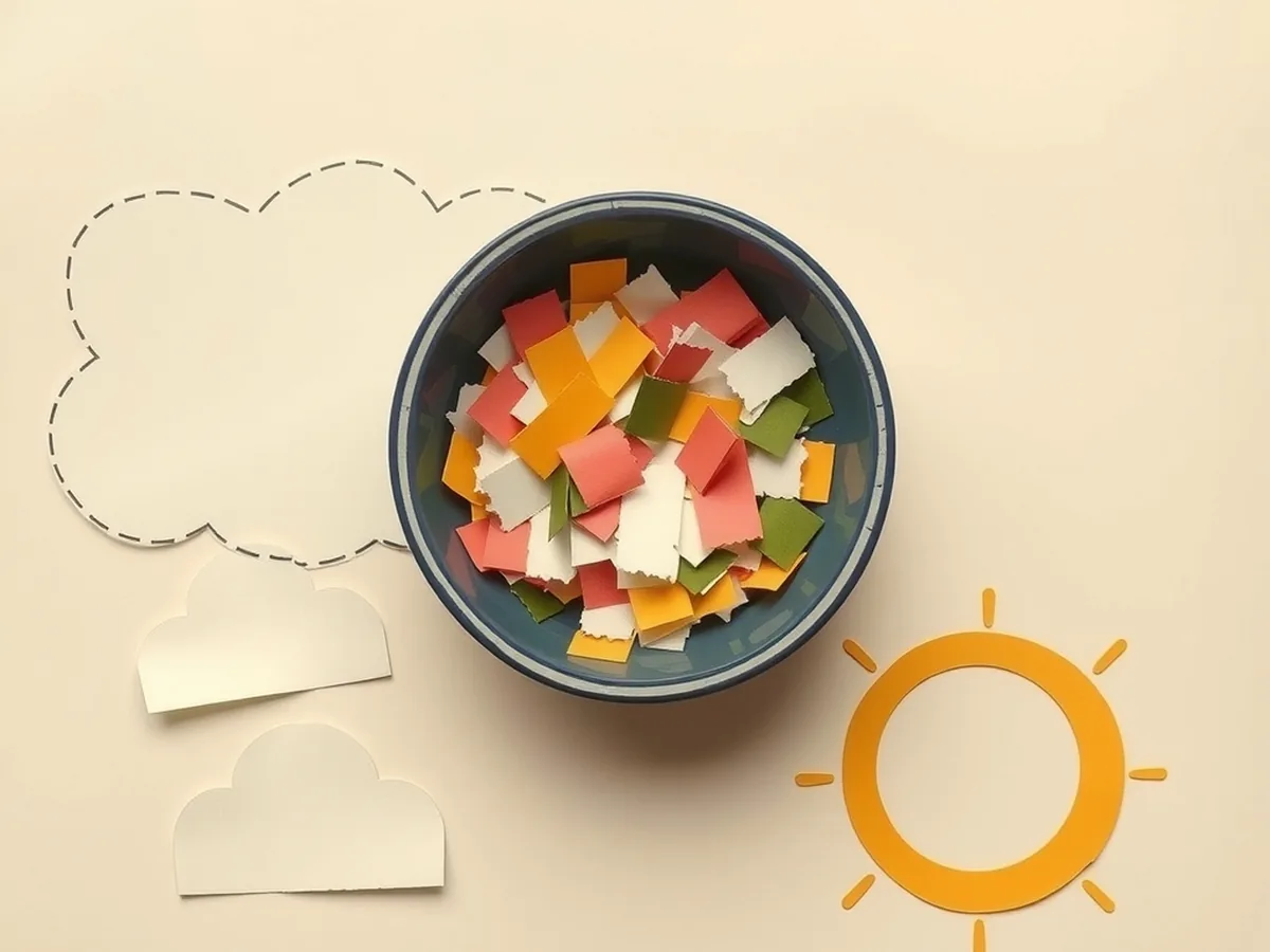 Paper bowl filled with colorful torn slips beside cut-paper cloud and sun shapes, evoking an unplugged AI weather prediction classroom activity