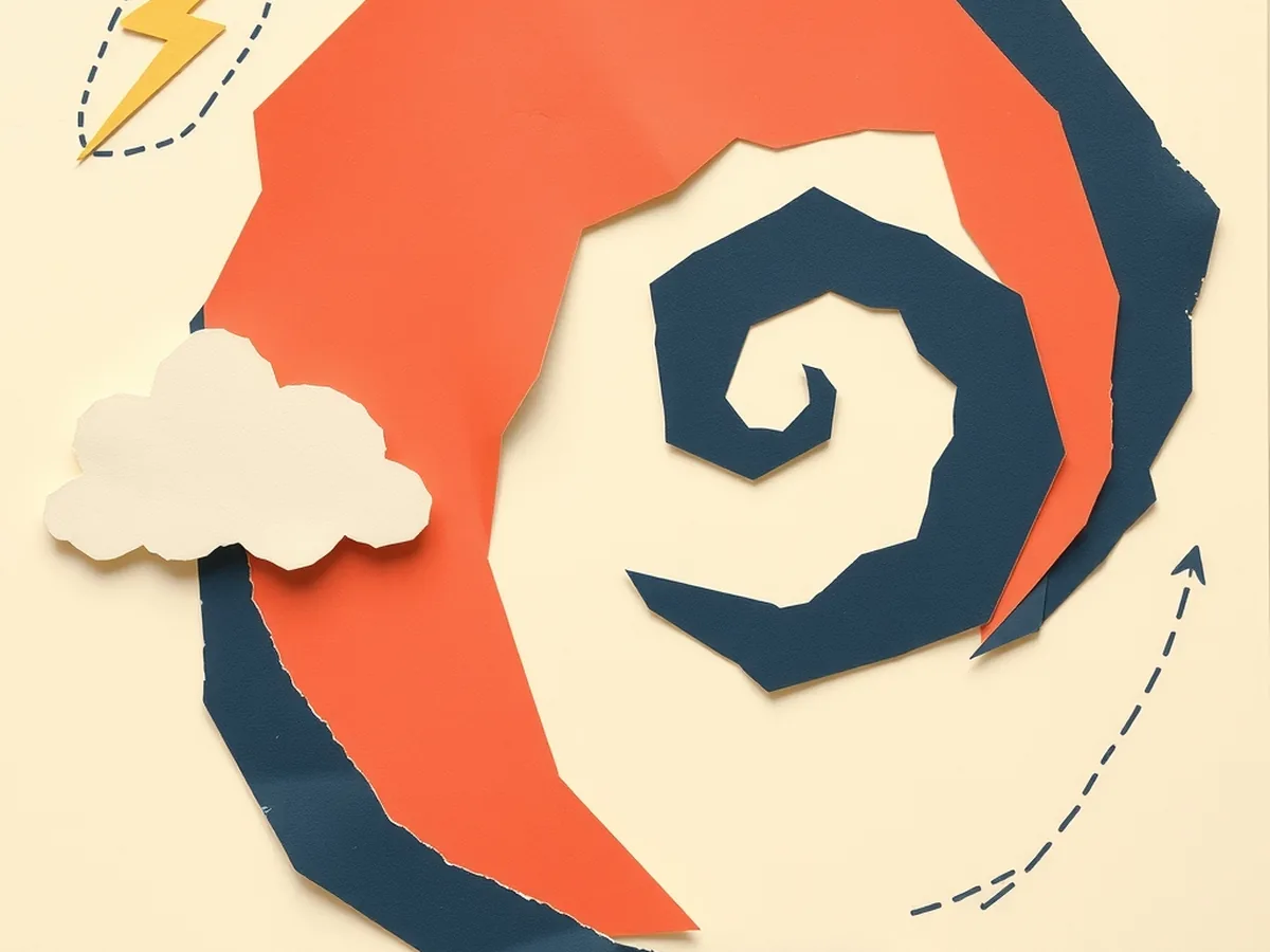 Dramatic paper-collage storm spiral in navy and coral contrasting with small calm cloud shapes, showing where AI weather models fail on extreme events
