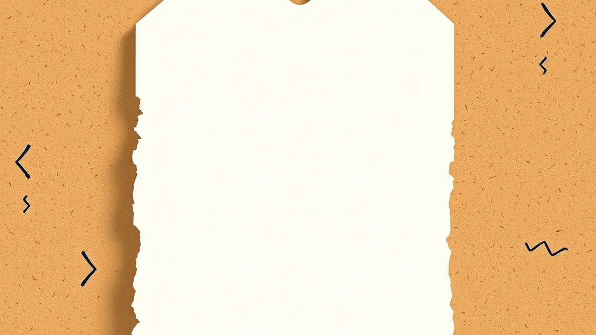 Oversized blank torn-paper tag pinned to a cork board with coral push-pin and washi tape, representing an ai word wall middle school classroom display