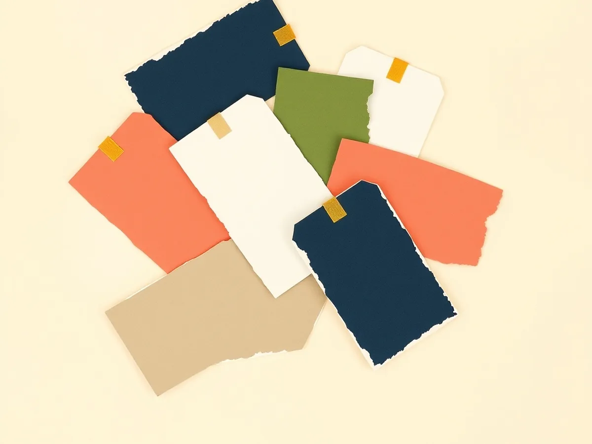 Six blank torn-paper tags in coral, mustard, green, navy, and cream scattered in a loose fan, representing six misused AI vocabulary terms